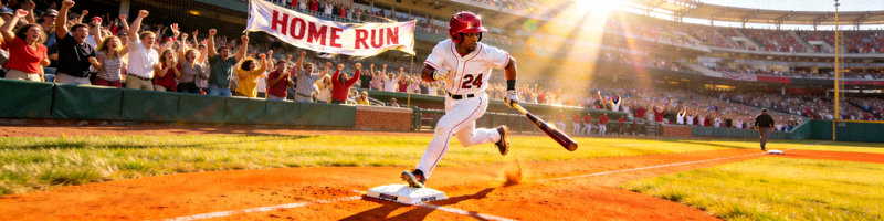 棒球运动员在比赛中击出本垒打后绕垒奔跑，观众席沸腾